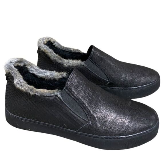Stuart Weitzman Black Leather And Faux Fur Slip on Sneakers Size 7 - Picture 1 of 8